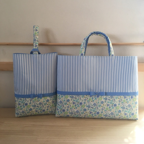 mana様オーダー品》花柄×ブルーストライプ♡リボンレッスンバッグ 