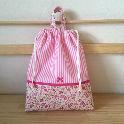 かりん様オーダー品》花柄×ピンクストライプ♡リボンシューズバッグ 