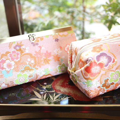 お得なセット＊桜柄の金襴織物で和風長財布・ポーチ＊心華やぐ桜色(薄 