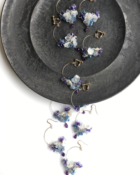 フープ/天然石アメジスト　ブルー系紫陽花　14KGFピアスorイヤリング　 3枚目の画像