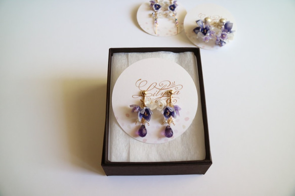 小花/天然石紫水晶耳環/耳環 第3張的照片