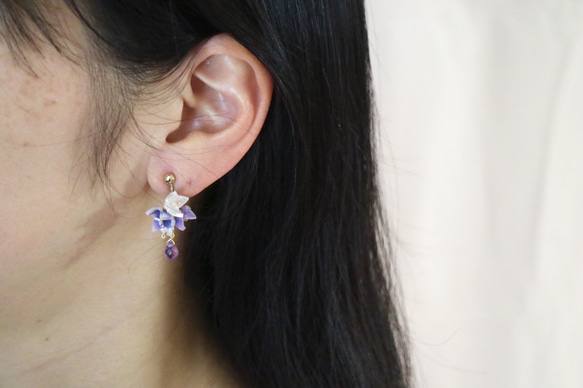 小花/天然石紫水晶耳環/耳環 第5張的照片