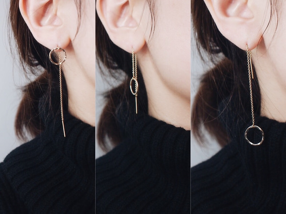 送料無料 *再販*【14kgf】月チェーンピアス／槌目／S　ゴールド　華奢　シンプル 4枚目の画像