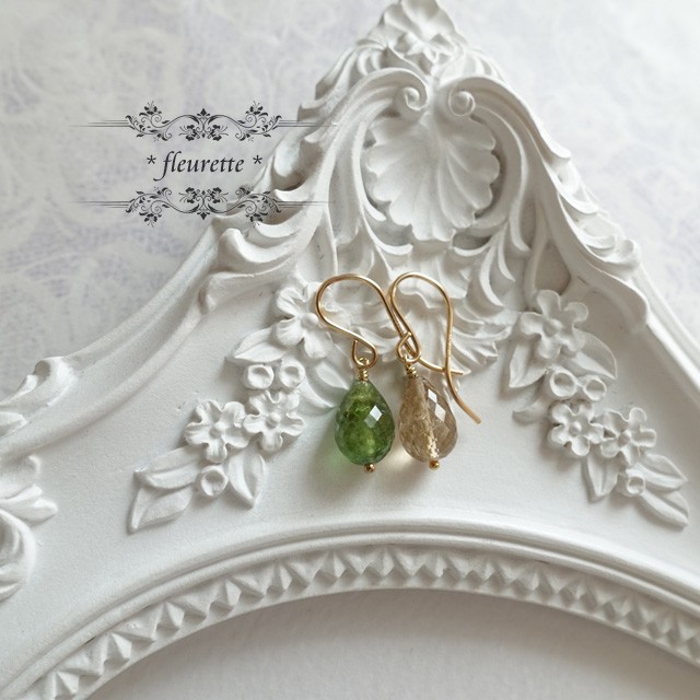 大粒トルマリンひと粒ピアス*K14GF*天然石*グリーントルマリン*雫