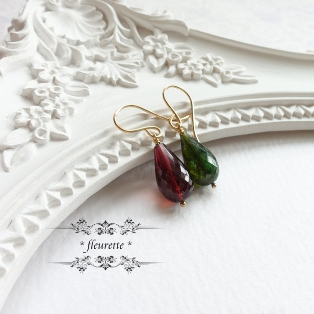 大粒トルマリンひと粒ピアス*K14GF*ピンクトルマリン*グリーントルマリン*ルベライト*雫