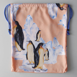■浴衣リメイク　大き目巾着袋　ペンギン柄　ピンク　（シューズ、スポーツウエア入れ）着物リメイク 3枚目の画像
