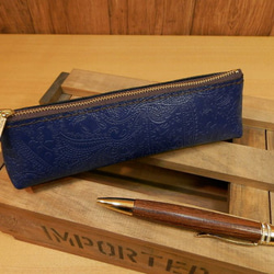 ハンドメイド♪希少ペイズリー柄レザーのペンケース♪上品な紺ネイビー
