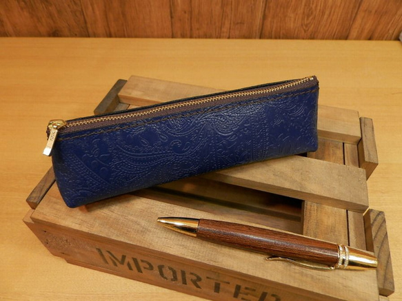 ハンドメイド♪希少ペイズリー柄レザーのペンケース♪上品な紺ネイビー