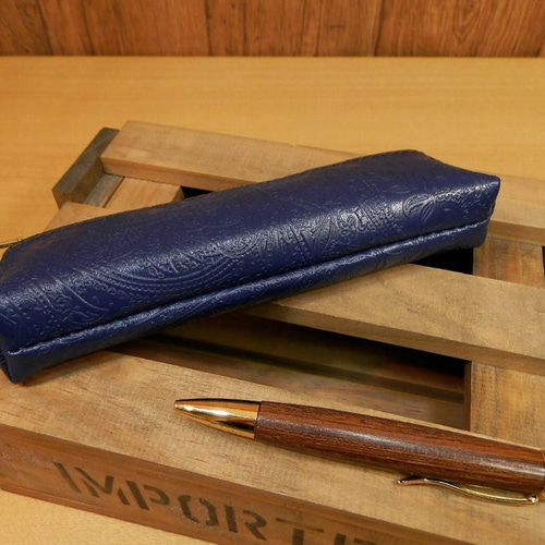 ハンドメイド♪希少ペイズリー柄レザーのペンケース♪上品な紺ネイビー
