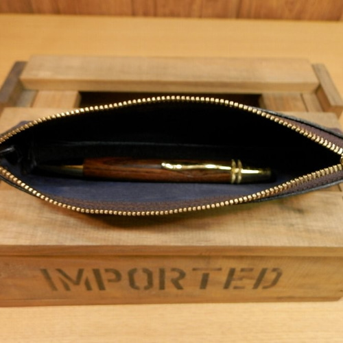 ハンドメイド♪希少ペイズリー柄レザーのペンケース♪上品な紺ネイビー