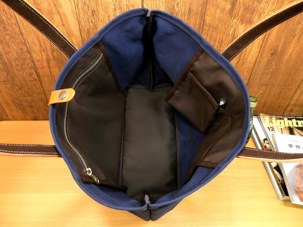 【受注生産・送料無料】７つポケット！本革×帆布の大型トートバッグ！◎ネイビー濃紺キャンバス日本製レザーU14