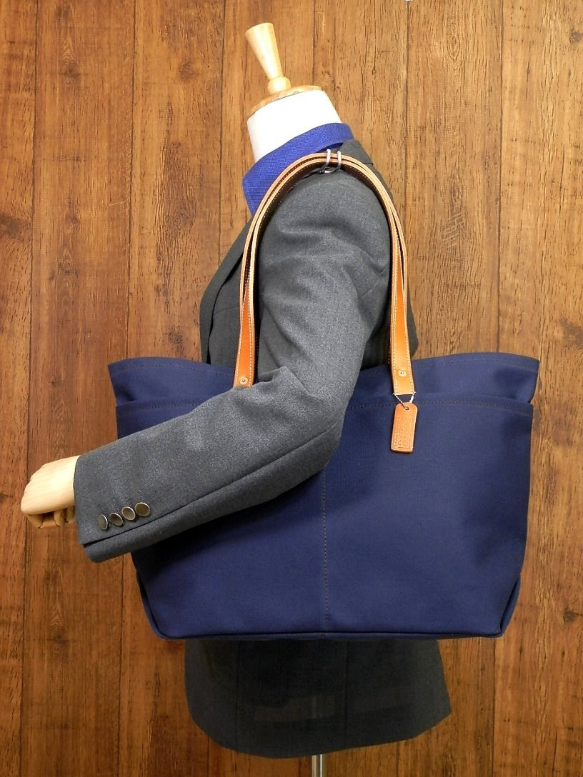 【受注生産・送料無料】７つポケット！本革×帆布の大型トートバッグ！◎ネイビー濃紺キャンバス日本製レザーU14
