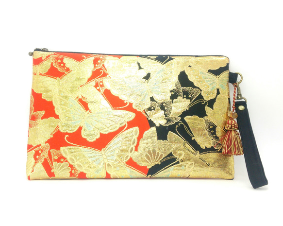 黒×朱赤、金の蝶の帯リメイク クラッチバッグ！ 3枚目の画像