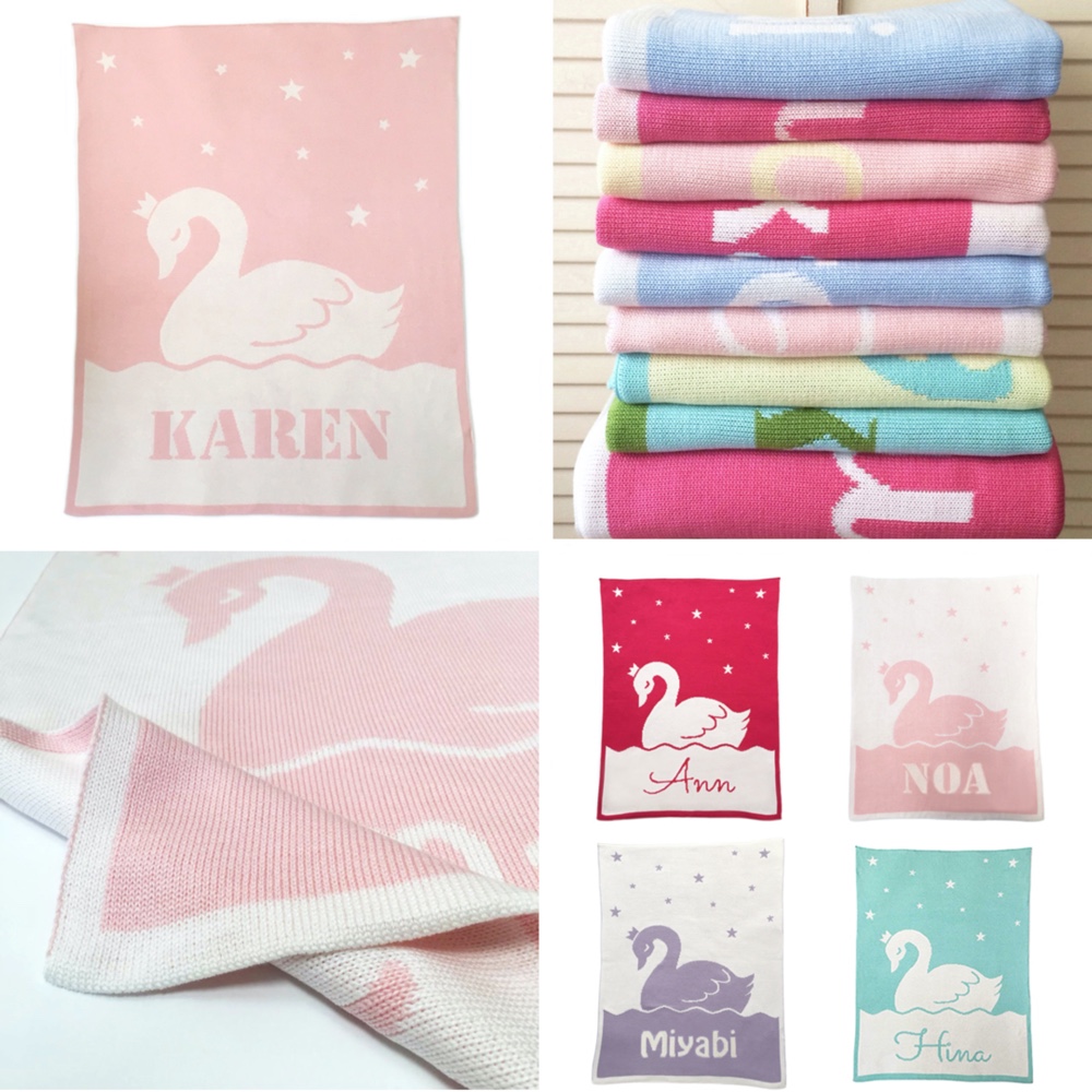 名入れ ブランケット・ スワン /レギュラーサイズ・出産祝い　ニット　ギフト