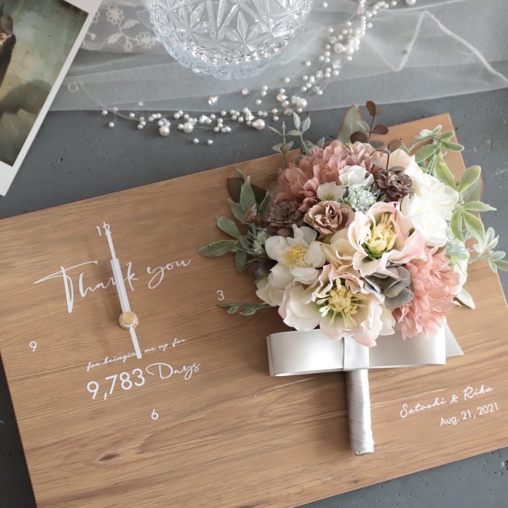 特典付き！　木製パネルの時計・結婚式のご両親贈呈やお祝いの贈り物に〜メッセージフラワー時計〜