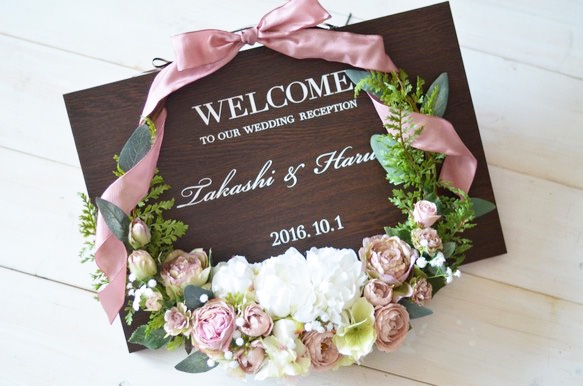 weddingフィーノ人気の木製ウェルカムボード×フラワーリース