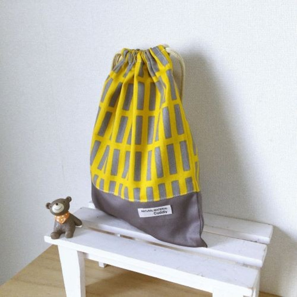 【受注製作】《入園入学グッズ》給食袋、ランチョンマットセット（黄色×グレー四角） 7枚目の画像