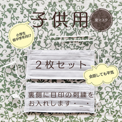 鼻、頬にフィット《送料無料》２枚組 子供用 コットンプリーツマスク　 フィルターポケット、ノーズワイヤー付き 1枚目の画像