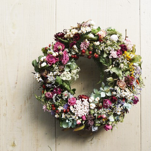 バラやラナンキュラスのお花畑リース ドライフラワーリース 母の日