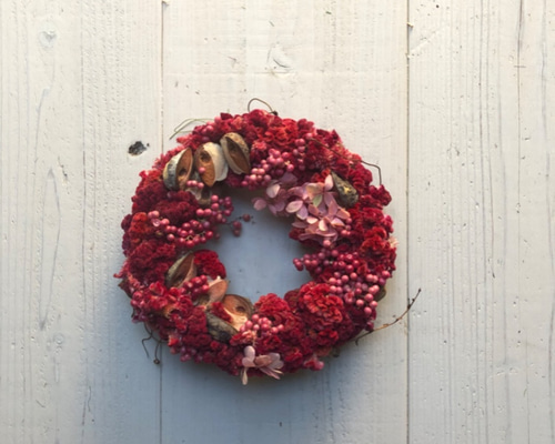 モコモコ・ケイトウのドライフラワーリース・紫陽花はプリザ