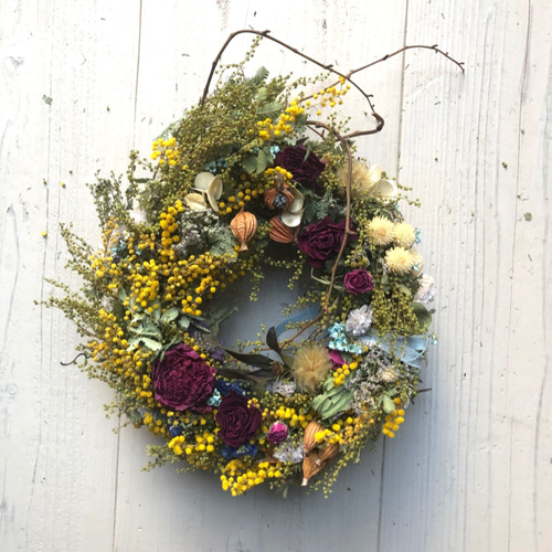 春・ナチュラルなミモザのドライフラワーリース・変形 リース NATURAL