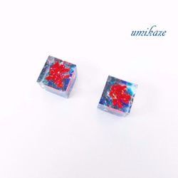 水中に咲く赤い花　キューブピアス/イヤリング 2枚目の画像