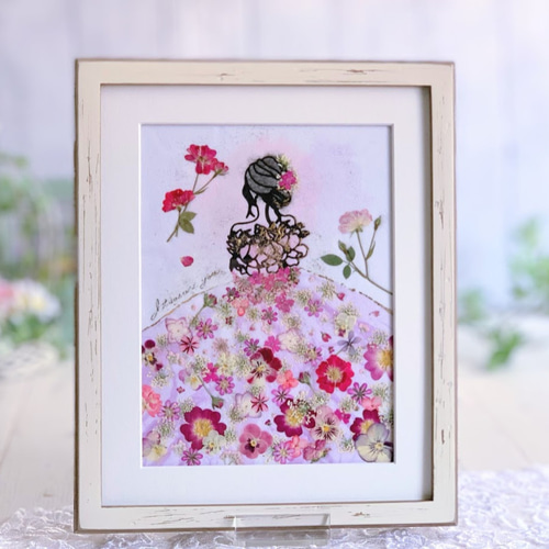 華やか お花のドレスで優しい気持ち 押し花アート額02 その他アート