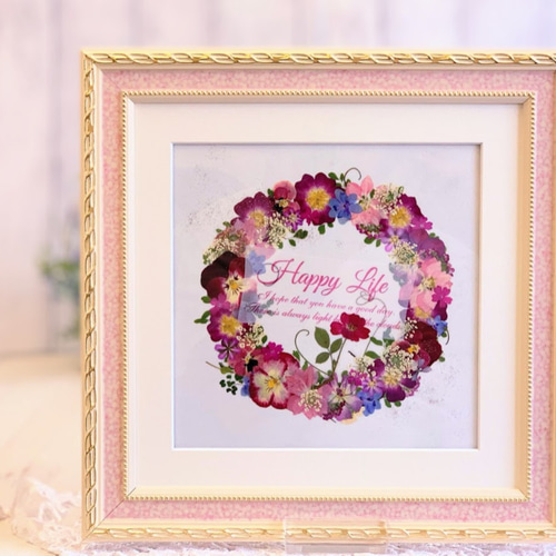 ミニバラたっぷりのおしゃれな押し花リース額 02 押し花アート