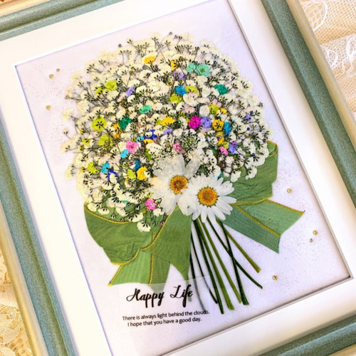 虹色 夢色 かすみ草の押し花アート額 押し花額02 その他アート 神戸