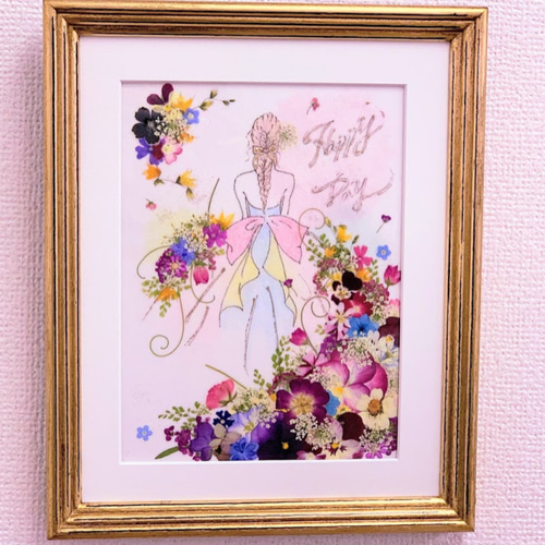 幸せまねく夢色花のドレスをまとって 押し花アート 押し花額