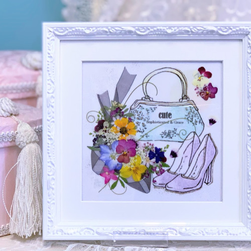 おしゃれモダンな押し花アート 清楚なホワイト押し花額02 その他アート