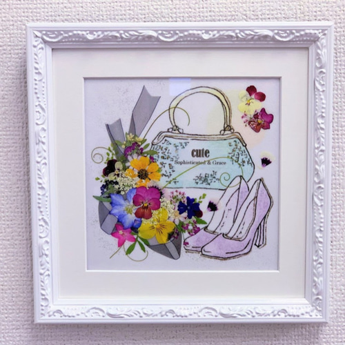 おしゃれモダンな押し花アート 清楚なホワイト押し花額02 その他アート