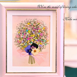 虹色 夢色 かすみ草の押し花アート額 淡いピンクタイプ 押し花額