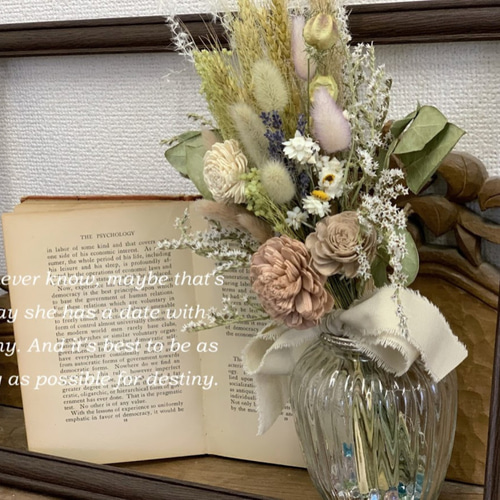 2Way ドライフラワースワッグとアンティーク風ガラスの花瓶