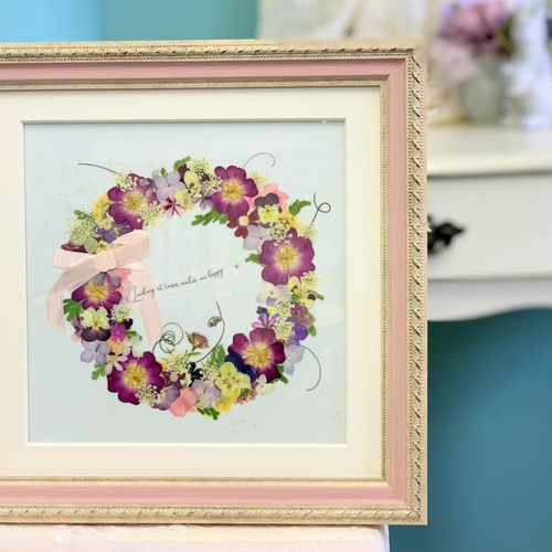 押し花額 『リース風』（ハンドメイド） 送料無料】ミモザリース押し花額＊ロココ風ホワイトフレーム