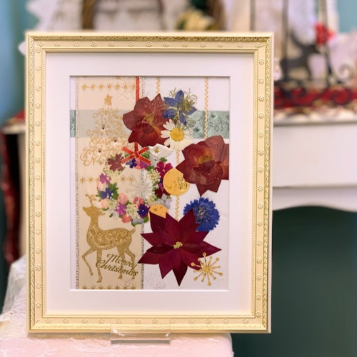 ホーリーナイトにポインセチアの押し花アート額 その他アート 神戸六甲