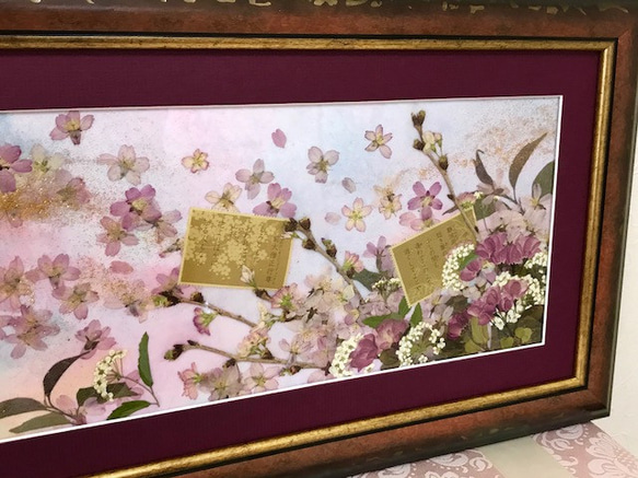 押し花アート　平安の桜と万葉集の押し花額 2枚目の画像