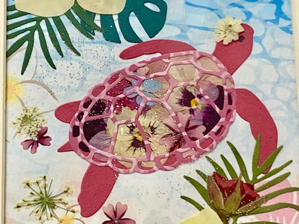 幸せ運ぶ青い海のウミガメ 押し花額　濃いピンクタイプ 3枚目の画像