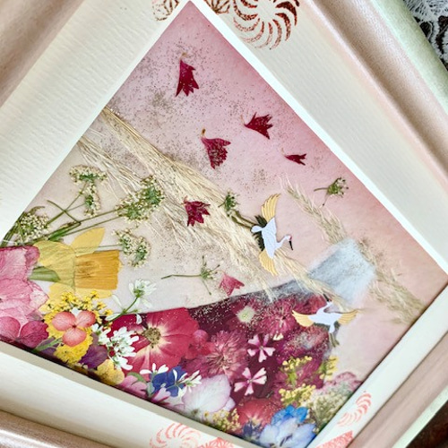 縁起の良い幸運の赤富士風水額 押し花アート12 その他アート 神戸六甲