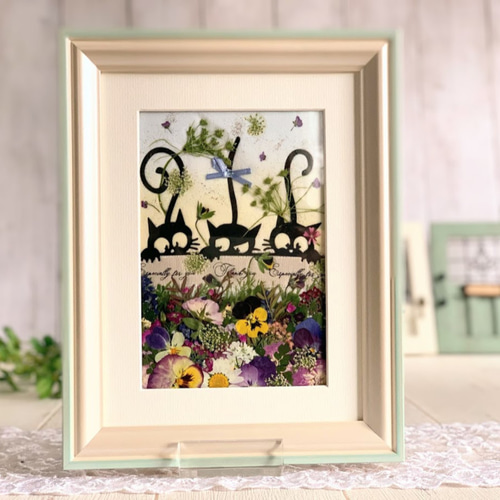 ネコ好きなお母さんにもにぴったり！黒猫さん押し花額02 その他アート