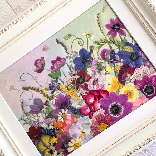 ほんのり虹色の空にお花がいっぱい！押し花アート額 その他