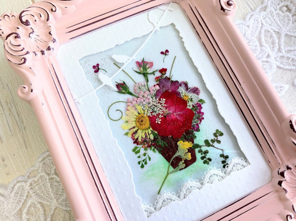 アンティークピンクのミニ押し花インテリアアート額　２タイプ 4枚目の画像
