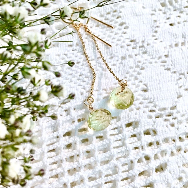 揺れるオニオンカットのレモンクォーツ一粒ピアス　ゴールドフィルド　14kgf　送料無料