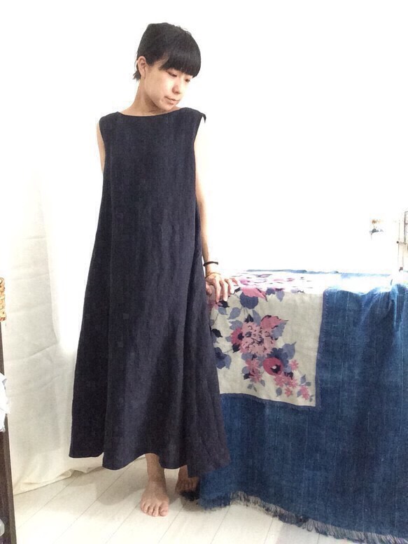 リネンふんわりリボンワンピース紺