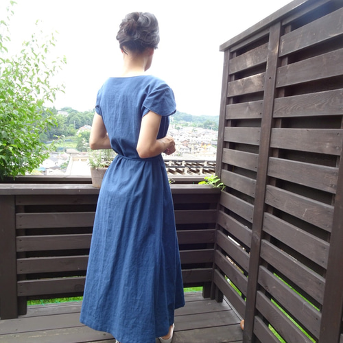 チューリップ袖の綿麻ロングワンピース ブルーグレー ワンピース lilas