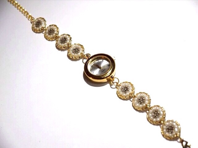 【受注製作】パールフラワーブレスウォッチ（ゴールド）