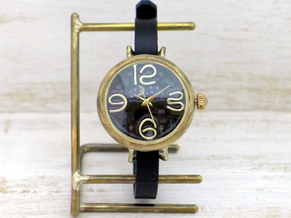 Sun&Moonブレスレット風モデル 33mm真鍮甲丸ボーイズサイズ 黒文字盤 手作り腕時計[378S&M BK] 6枚目の画像