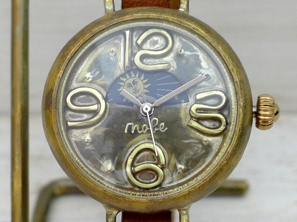Sun &amp; Moon 手鍊款式型號 33 毫米黃銅腳背圓形男孩尺寸 Komi 錶盤手工手錶 [378S &amp; M] 第3張的照片