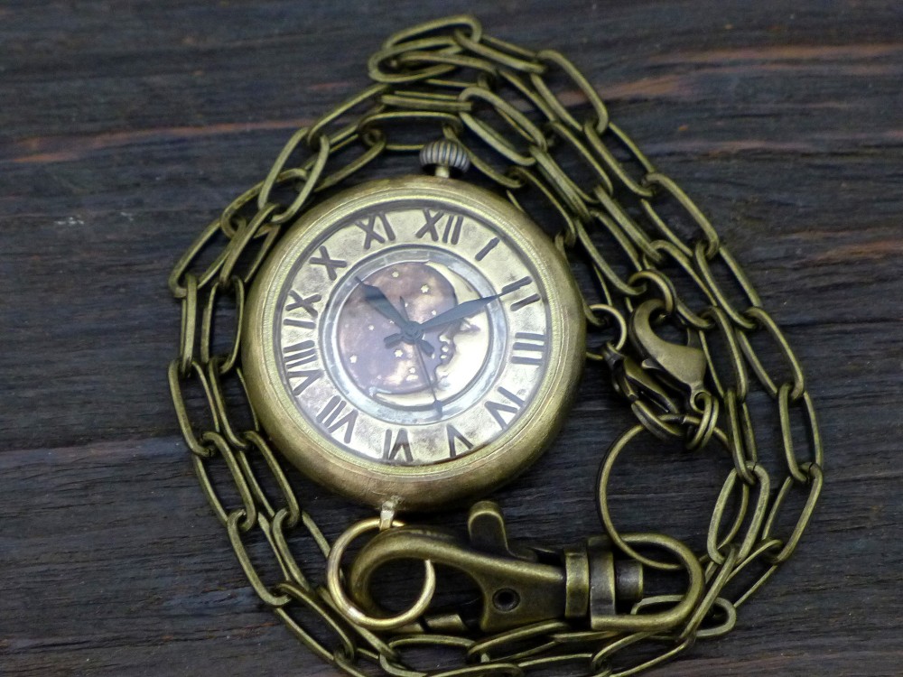 "CrescentMoon懐中-JB" 三日月&星空文字盤 ローマ数字38mm真鍮懐中 手作り腕時計[JUM158CM]