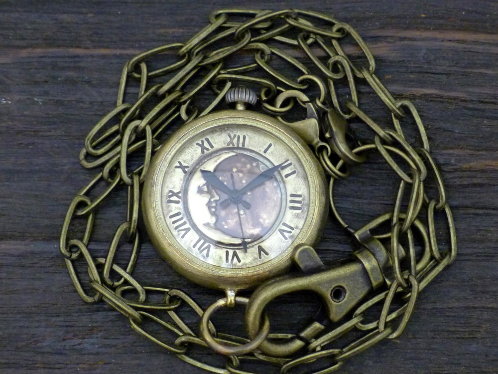 "CrescentMoon懐中-MB" 三日月&星空文字盤 ローマ数字 33mm真鍮懐中 手作り腕時計[379CM]